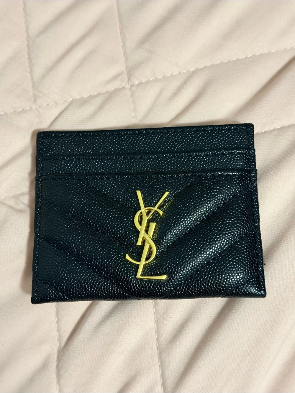 Saint Laurent Navy Blue Leather Card Holder with Gold YSL Emblem